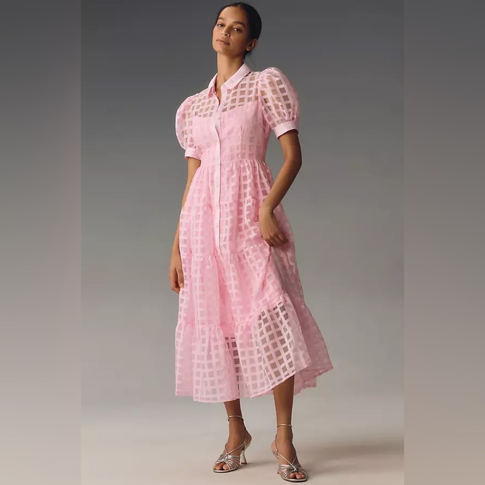 English Factory GRIDDED ORGANZA TIERED PUFF SLEEVE MAXI DRESS